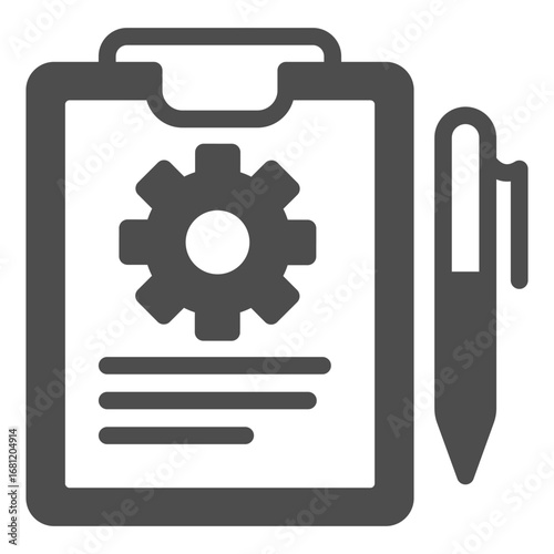 Sheet on clipboard with task for mechanic and pen solid icon, manufacturing management concept, note sign on white background, glyph style icon for mobile and web design. Vector graphics.