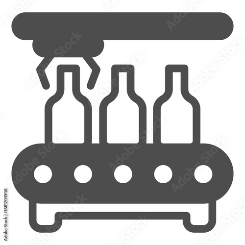 Conveyor with bottles and robotic arm claw solid icon, manufacturing concept, factory belt bottling sign on white background, glyph style icon for mobile and web design. Vector graphics.