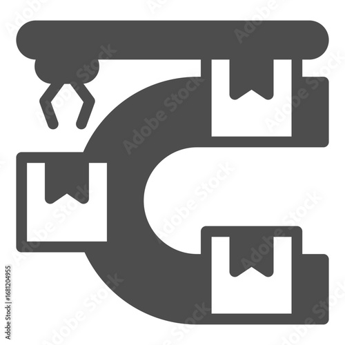 Sorting conveyor with boxes and robotic arm solid icon, manufacturing concept, robot claw work sign on white background, glyph style icon for mobile and web design. Vector graphics.