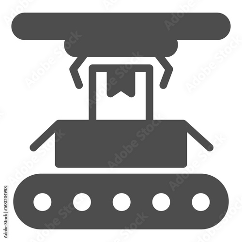 Conveyor with boxes, goods, robotic arm solid icon, manufacturing concept, packaging with robot claw sign on white background, glyph style icon for mobile and web design. Vector graphics.