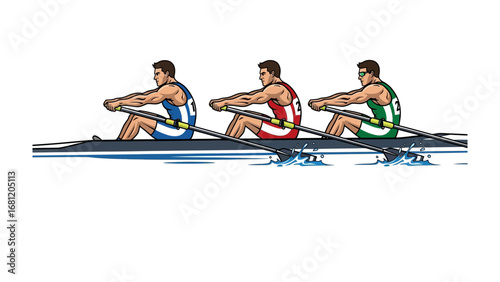 Rowing Team: A dynamic illustration capturing three rowers in unison, propelling their sleek vessel across the water with synchronized strokes, symbolizing teamwork and competition