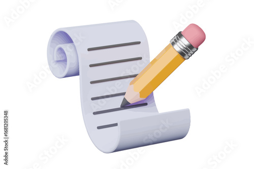 3d illustration of a pencil writing on a scroll of paper