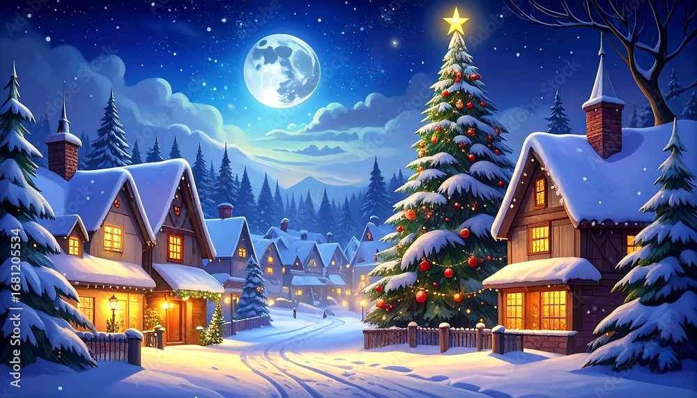 Fototapeta premium Snowy Christmas village at night