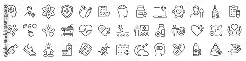 Mental and body wellness line icons isolated on white.
