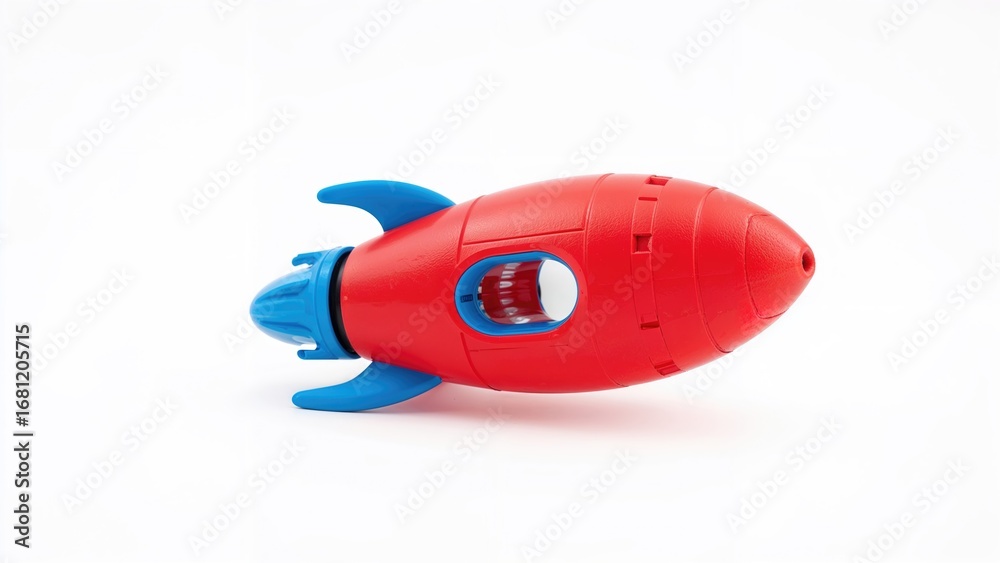 Fototapeta premium Red, blue, and white toy rocket made of plastic designed for kids, displayed on a plain white surface