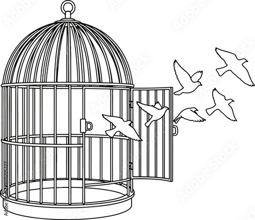 Birds: A line art illustration of several birds flying out of an open birdcage, symbolizing freedom, release, and hope.