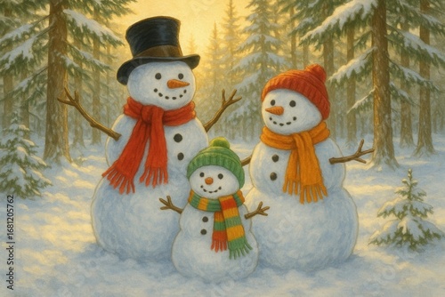 Adorable Winter Snowman Family With Colorful Scarves in Snowy Pine Forest