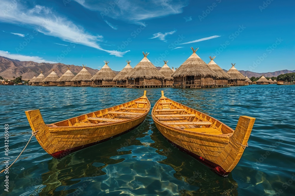 Obraz premium Traditional reed boats on floating islands in a high-altitude lake