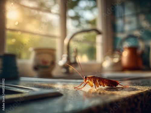Cockroach crawling on kitchen counter in morning light close up shot of pest infestation concept