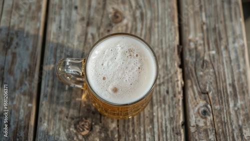 Overhead shot of a glass filled with newly brewed artisanal beer on a weathered wooden table