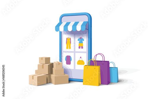 Online shopping concept with smartphone shopping bags and delivery boxes