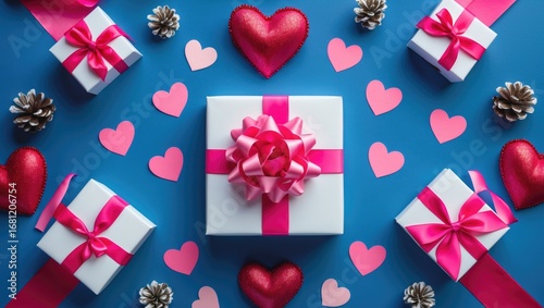 Bird's eye view of a white gift box adorned with a pink bow on a blue surface, perfect for special occasions