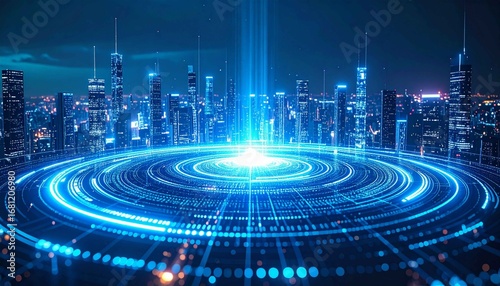 Bright blue light radiates from a circular energy center, creating a dynamic data ring or digital circuit above a modern urban landscape filled with skyscrapers
