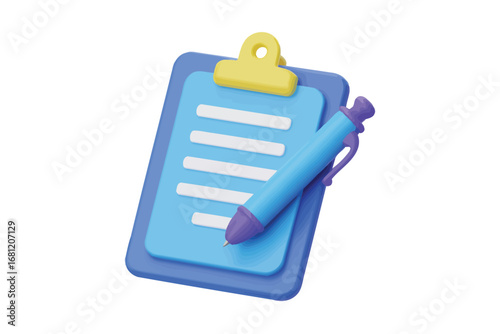 3d rendered blue clipboard with pen and checklist