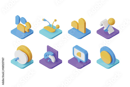 Collection of isometric icons representing technology and innovation