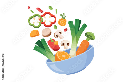 Fresh vegetables falling into a blue bowl