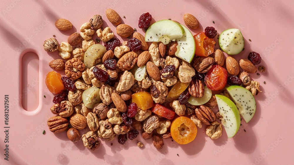 Obraz premium Bird's-eye view of a mixed trail blend featuring nuts and fruits placed on a pink cutting board