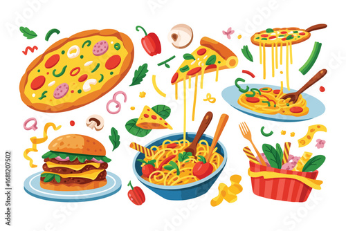 Delicious assortment of italian food and fast food favorites