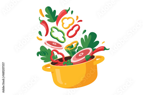 Fresh ingredients pouring into a yellow cooking pot