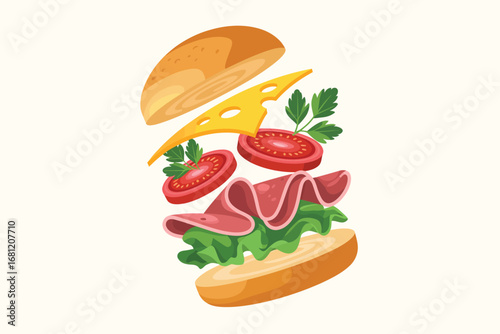 Exploded view of a delicious sandwich with fresh ingredients