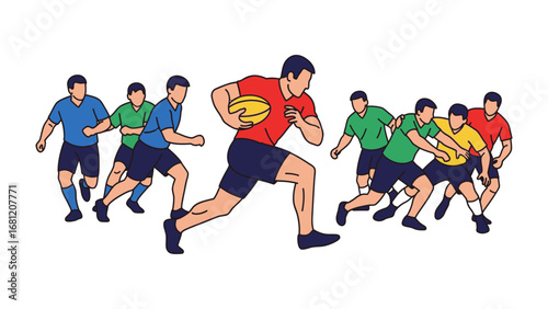 Rugby Action: An illustration captures the dynamic intensity of a rugby game, players in full stride, with the focal point on a player charging forward with the oval ball.