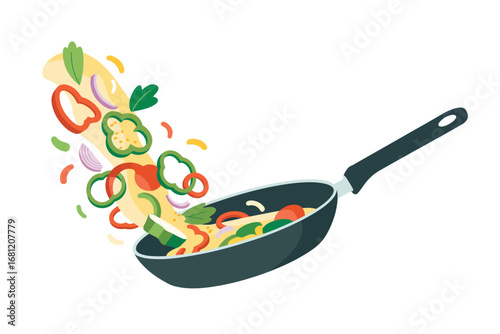 Colorful sliced vegetables flying out of a frying pan