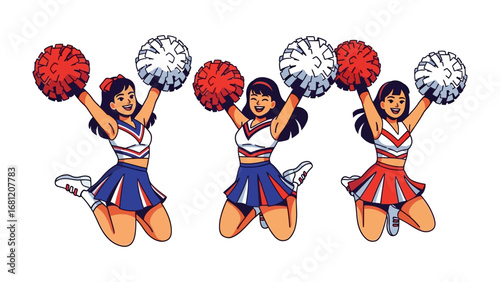 Cheerleaders in Action: Energetic cheerleaders jump in unison, pom-poms held high, celebrating team spirit and demonstrating enthusiasm.
