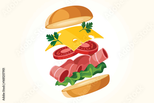 Deconstructed burger ingredients floating against white background
