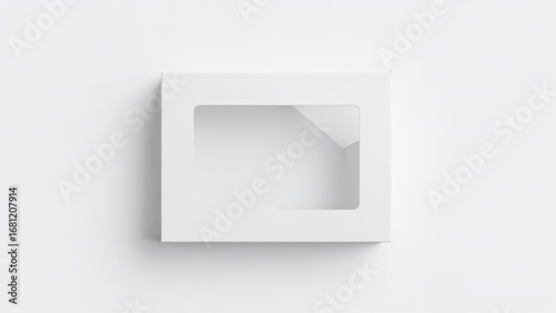Top perspective of an empty white gift box showcasing a clear window, set on a white background