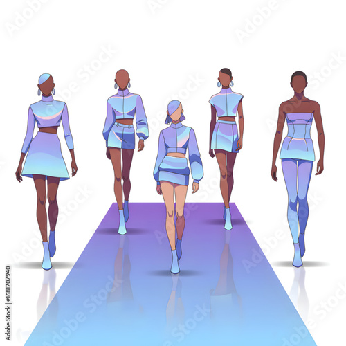 Five dark-skinned women walking a purple iridescent runway