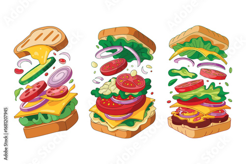 Delicious stacked sandwiches with flying ingredients and melted cheese
