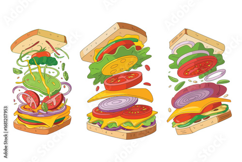 Three delicious gourmet sandwiches with ingredients exploding outwards in a dynamic display