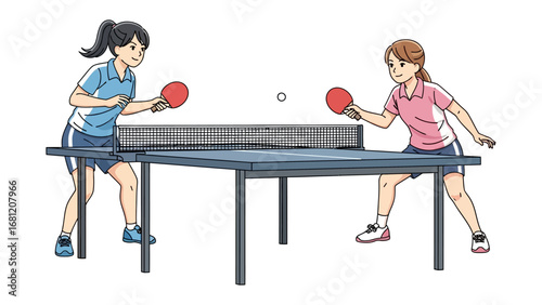 Ping Pong Duel: Two female athletes engage in a dynamic ping pong match, the thrill of the game captured through vivid illustration. The scene captures the competitive spirit.