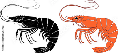 Flat vector illustration of red black shrimp icon in simple graphic design for seafood logo.