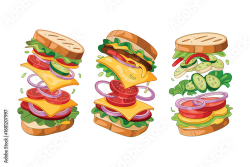 Three delicious watercolor sandwiches with flying ingredients on a white background