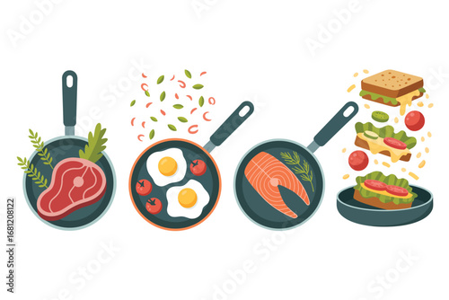 Various foods cooking in frying pans and a sandwich