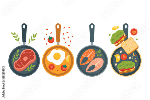 Four frying pans with different food items including steak salmon and burger