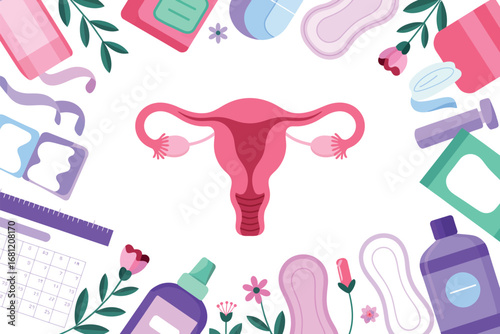 Illustration of female reproductive system surrounded by feminine hygiene products and flowers