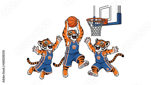 Basketball Tigers: Energetic tiger mascots engage in a lively basketball game, their spirited movements and playful interaction capturing the essence of teamwork and competitive fun. 
