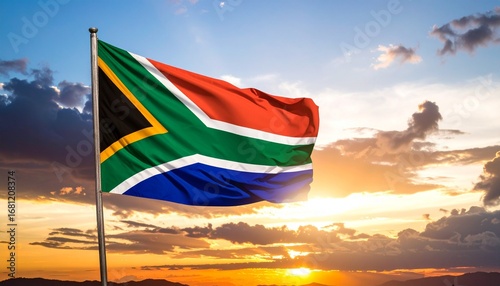 South African flag waving against sunset sky with glowing clouds and mountain landscape