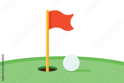 Golf ball and flag on a green golf course with a hole