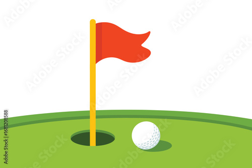 Golf ball near hole with red flag on green grass