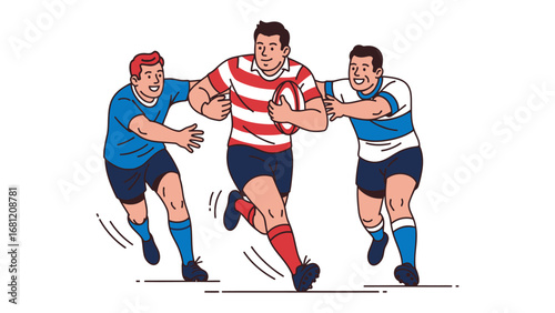 Rugby Action Illustration: Dynamic line art captures the intensity of a rugby match, showcasing players in action with the ball.