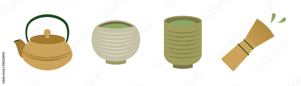Obraz premium 湯呑と茶器や急須のセット(ベクターイラスト お茶 抹茶 緑茶 煎茶)