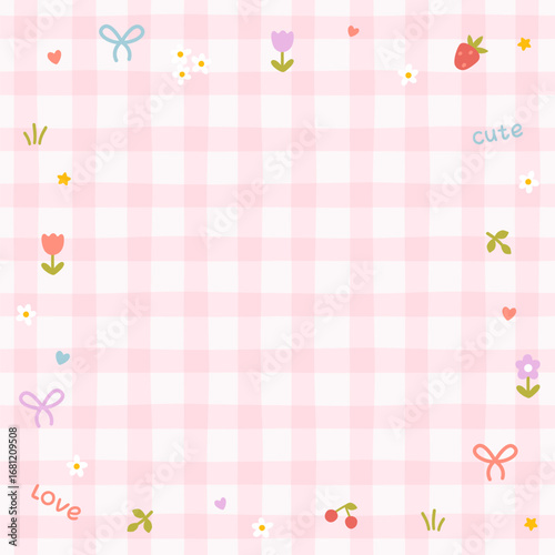 Cute kawaii template square vector frame. Cartoon hand-drawn doodle style. Perfect for stationery, design stickers for notes, notebook, posts for social networks. Pink checkered seamless background.