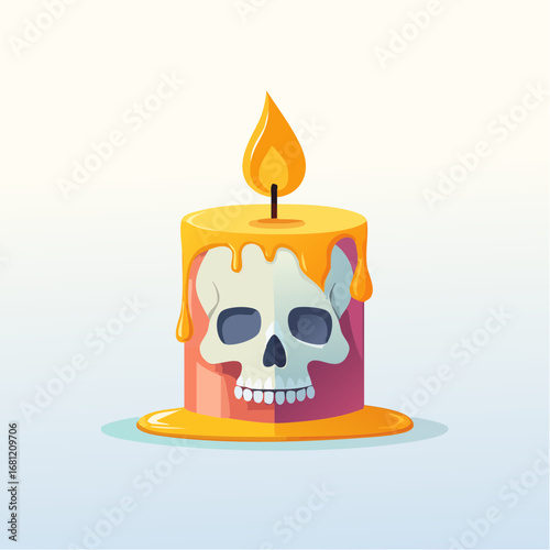 Flat vector illustration of a lit skull candle with dripping wax melting over the cranium, a clean and minimal design