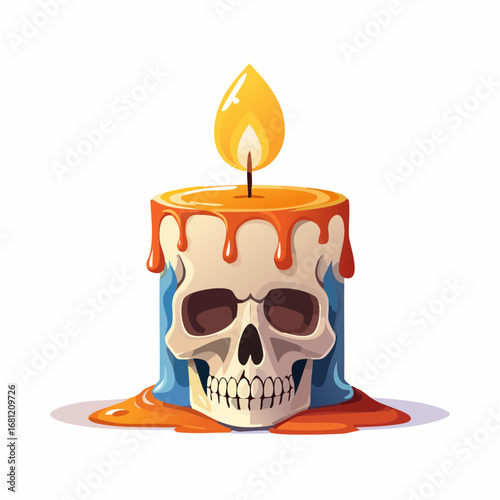 Melting Skull Candle with Fiery Flame, Spooky Halloween Decor and Mystical Illumination, Flat Vector Art