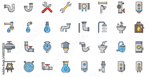 Colorful hand-drawn plumbing icon set featuring pipes, tools, fixtures, and water heaters.