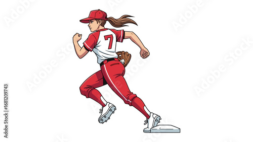 Softball Player in Action: A dynamic illustration of a softball player sprinting towards the base, embodying speed, strength, and the thrill of the game. 