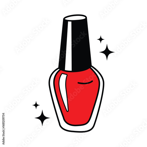 Illustration of a red nail polish bottle with black cap and sparkles on a white background style art